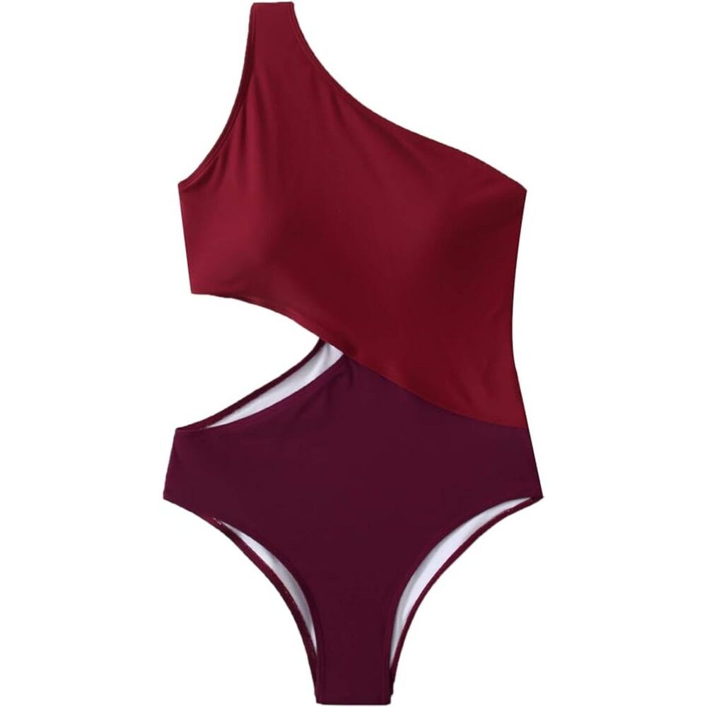 SweatyRocks RED Color Block One Shoulder Cutout 1pc Monokini Swimsuit SZ M: NWOT